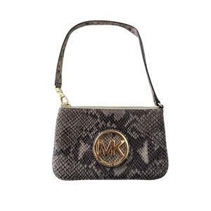 MICHAEL KORS Wristlet Snake Skin Animal Gold Emblem Zip Closure 5 x 3 MK Bag